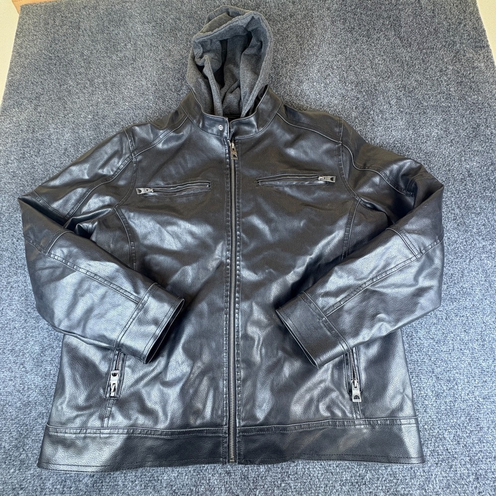 Guess Motorcycle Jacket Mens XL Black Faux Leather Removable Hooded Full Zip - Picture 1 of 8